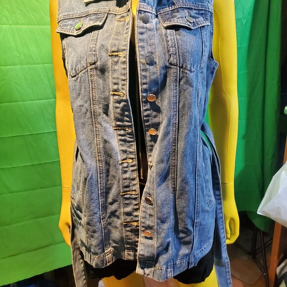 Women Denim Jeans Jacket Coat sleeveless trench size M blue 90's - Picture 2 of 11